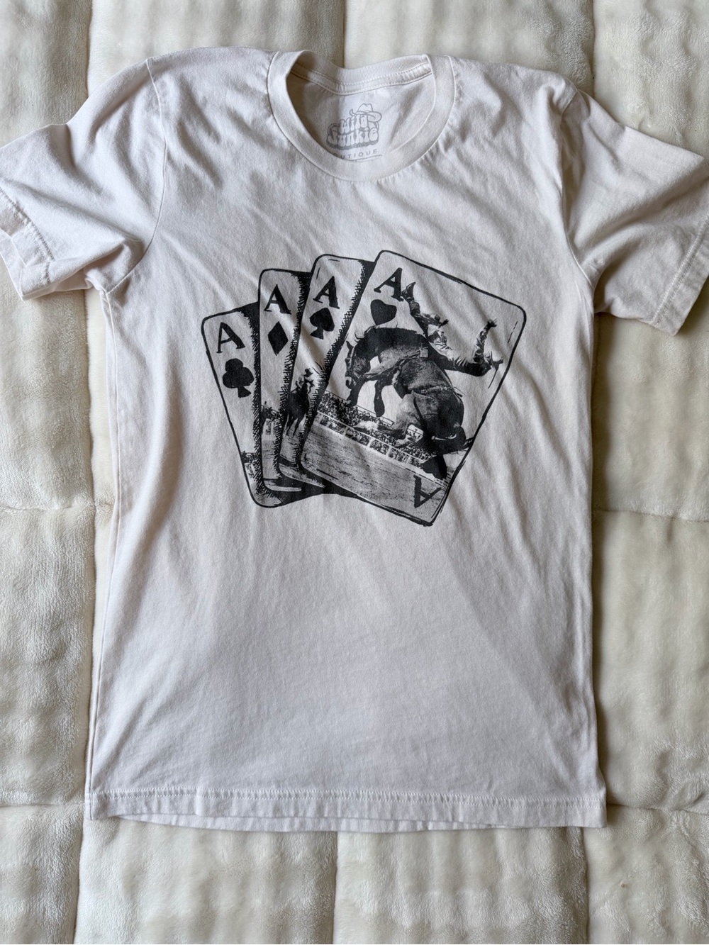 White Graphic Tee with Playing Cards Design
